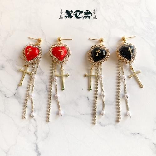 XTS クロスハート チェーン ピアス Gold/Red TS0220