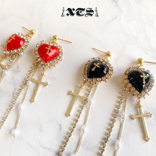 XTS クロスハート チェーン ピアス Gold/Red TS0220