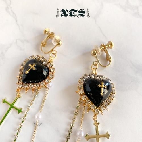 XTS クロスハート チェーン イヤリング Gold/Black TS0222