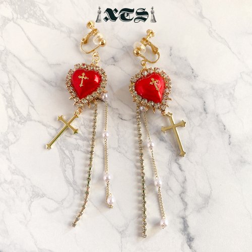 XTS Cross Heart Chain Earrings Gold/Red TS0222