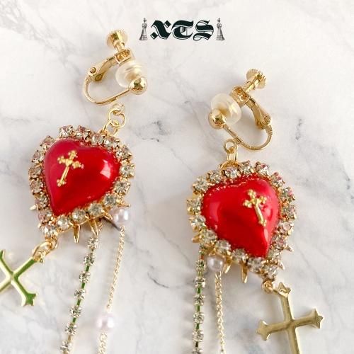 XTS クロスハート チェーン イヤリング Gold/Red TS0222