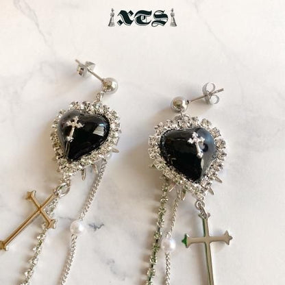 XTS クロスハート チェーン ピアス Silver/Black