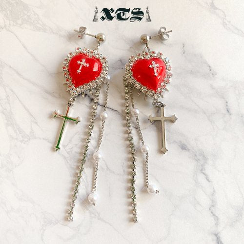 XTS Cross Heart Chain Earrings Silver/Red TS0221