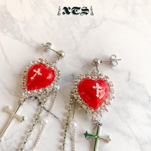 XTS クロスハート チェーン ピアス Silver/Red TS0221