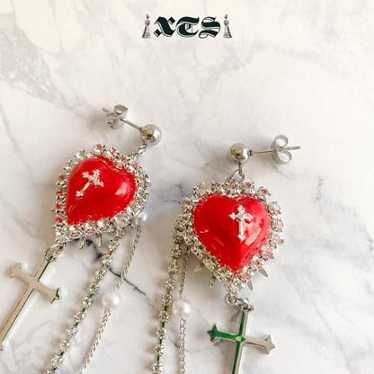XTS クロスハート チェーン ピアス Silver/Red TS0221