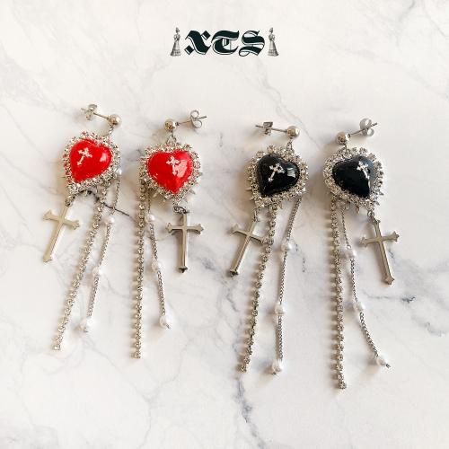 XTS クロスハート チェーン ピアス Silver/Red TS0221