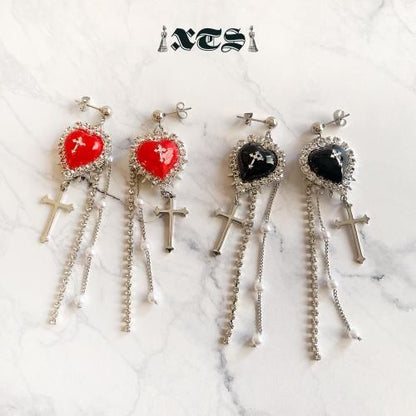 XTS クロスハート チェーン ピアス Silver/Red TS0221