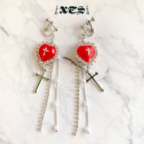 XTS Cross Heart Chain Earrings Silver/Red TS0223