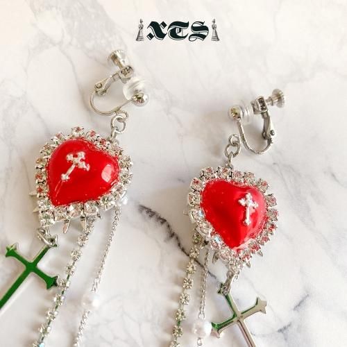 XTS クロスハート チェーン イヤリング Silver/Red TS0223