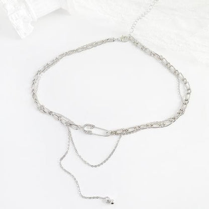 ラインストーン 安全ピン ダブルチェーン ネックレス SILVER