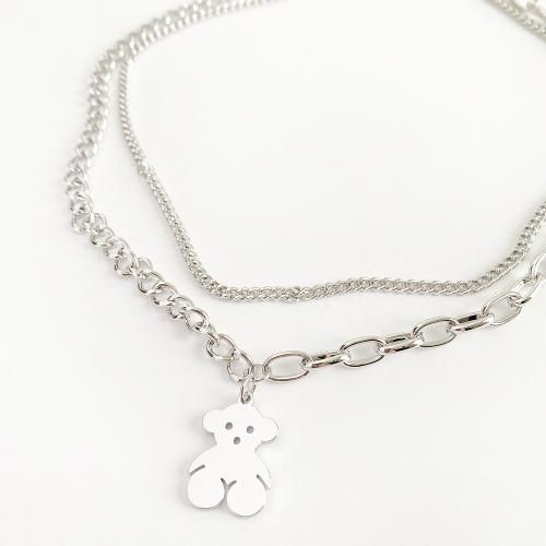 フラット テディベア ダブルチェーン ネックレス SILVER