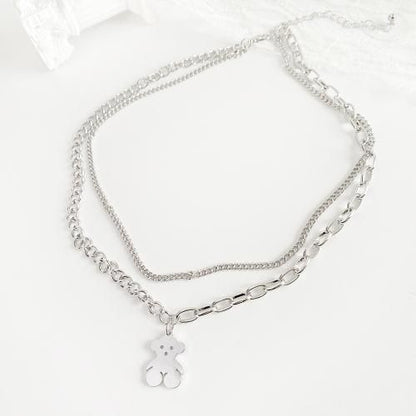 フラット テディベア ダブルチェーン ネックレス SILVER