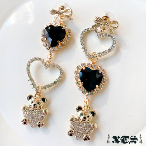 XTS Black Heart &amp; Bear Heart Teddy Bear Earrings