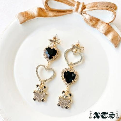 XTS Black Heart & Bear ハート テディベア ピアス