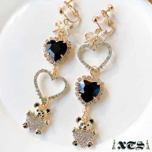 XTS Black Heart &amp; Bear Heart Teddy Bear Earrings