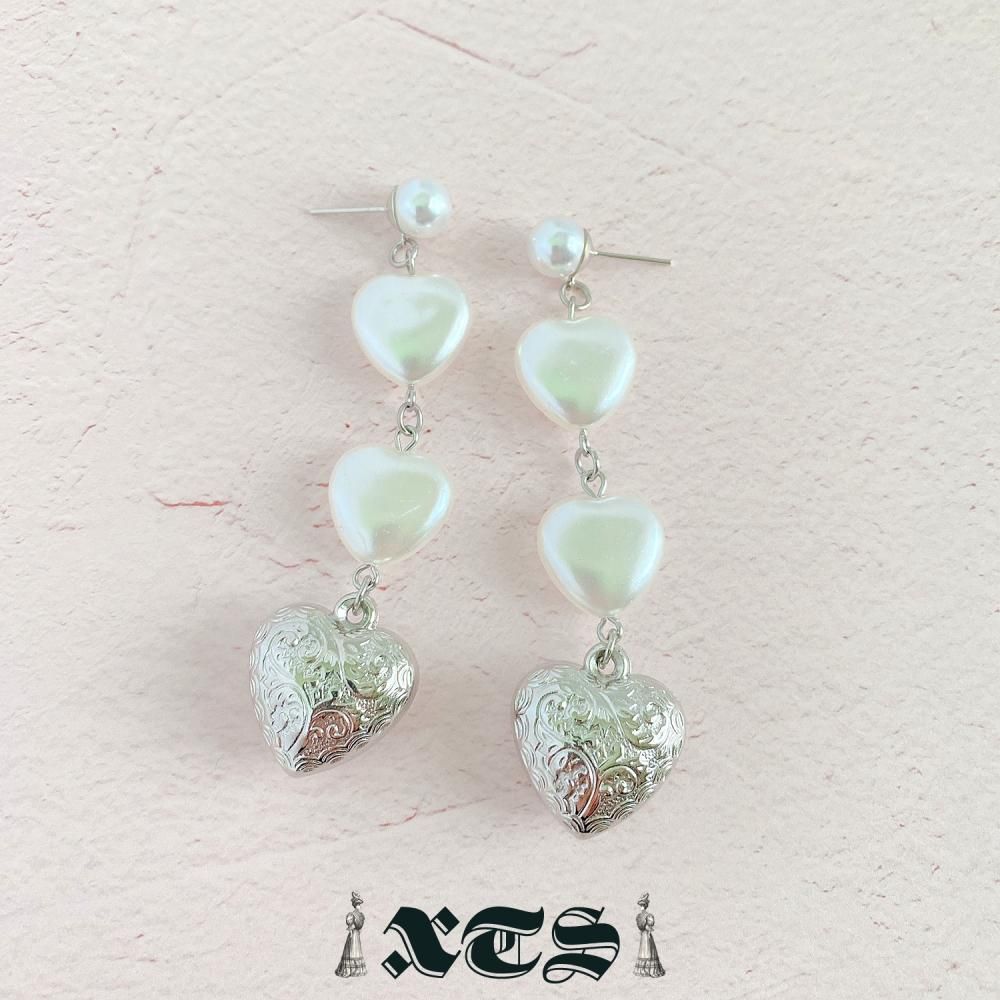 XTS Retro Heart & Pearl ハート ピアス SILVER