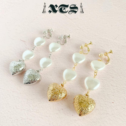 XTS Retro Heart & Pearl ハート イヤリング SILVER