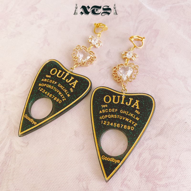 Ouija Board Glitter Black Planchette & Clear Heart Earring Clip - YOUAREMYPOISON