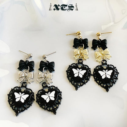 XTS ゴシック 蝶々 ブラックハート ピアス SILVER TS0238
