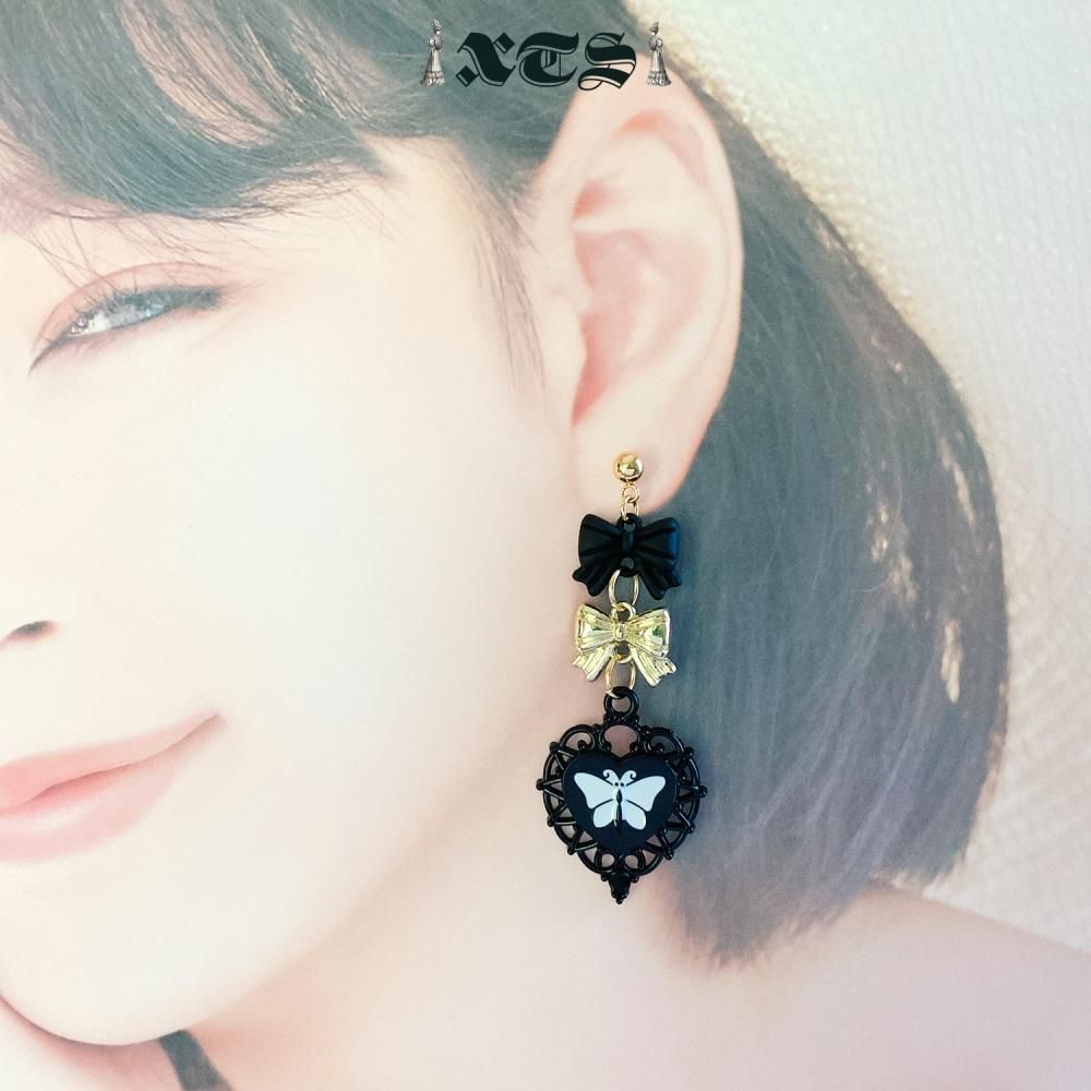 XTS ゴシック 蝶々 ブラックハート ピアス GOLD TS0238