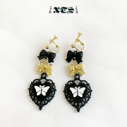XTS ゴシック 蝶々 ブラックハート ピアス GOLD TS0238