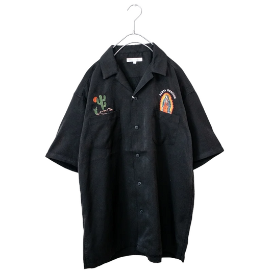 Cactus Guadalupe Pattern Embroidered Short Sleeve Open Collar Shirt BLACK