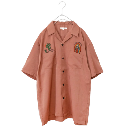 Cactus Guadalupe Pattern Embroidered Short Sleeve Open Collar Shirt PINK