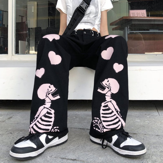 Skeleton Heart Straight Pants - YOUAREMYPOISON
