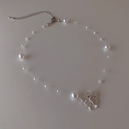 Clear Chord Pearl Butterfly Necklace - YOUAREMYPOISON
