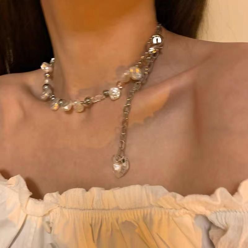 クリアハート パールチェーン ネックレス SILVER
