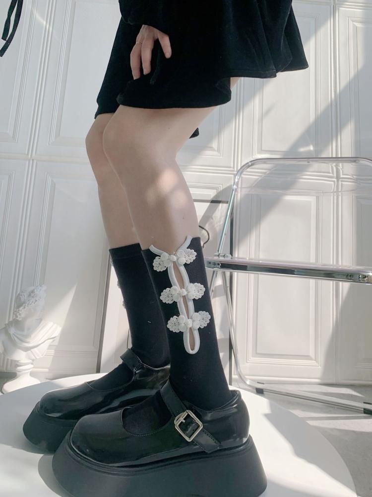 チャイナボタン 長め丈 ソックス BLACK