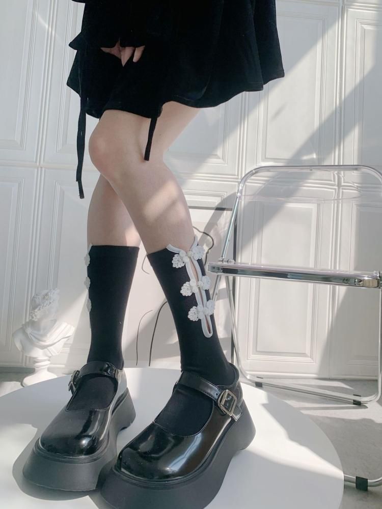 チャイナボタン 長め丈 ソックス BLACK