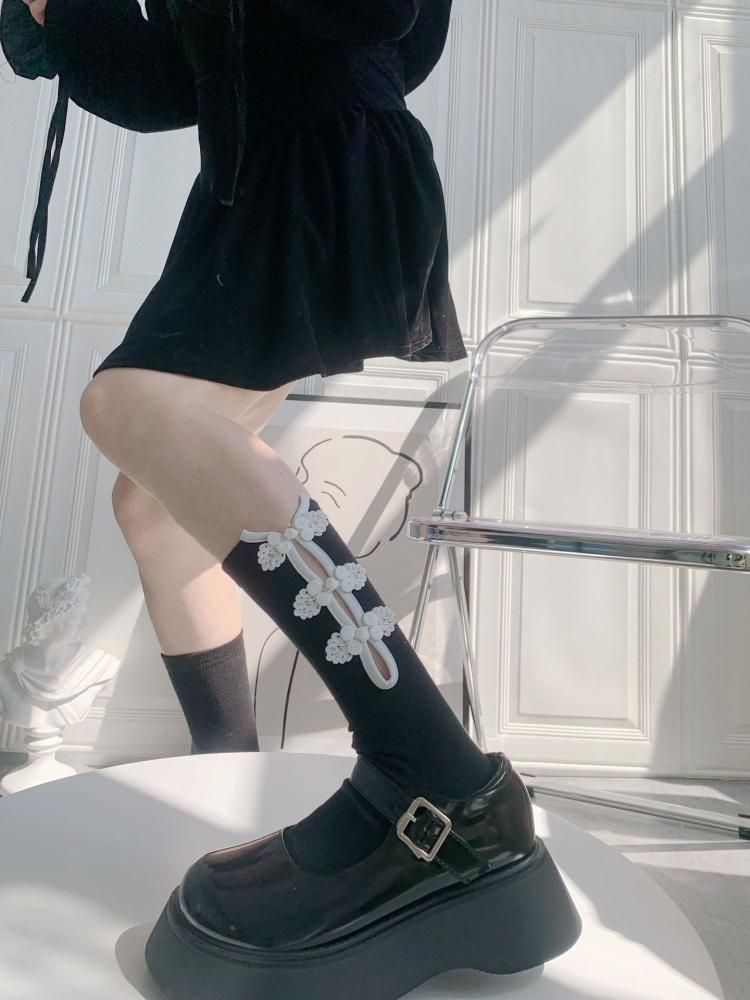 チャイナボタン 長め丈 ソックス BLACK