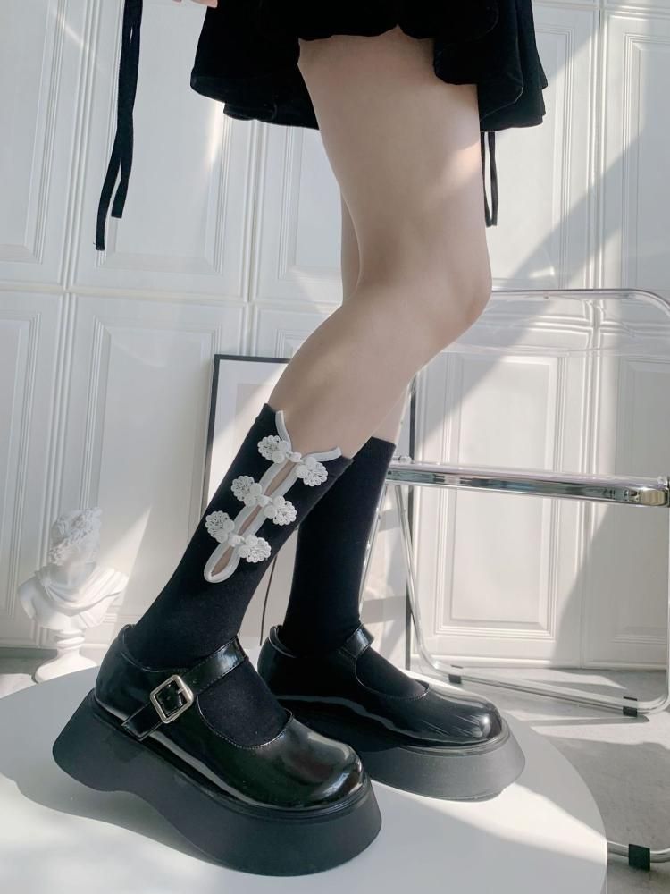 チャイナボタン 長め丈 ソックス BLACK