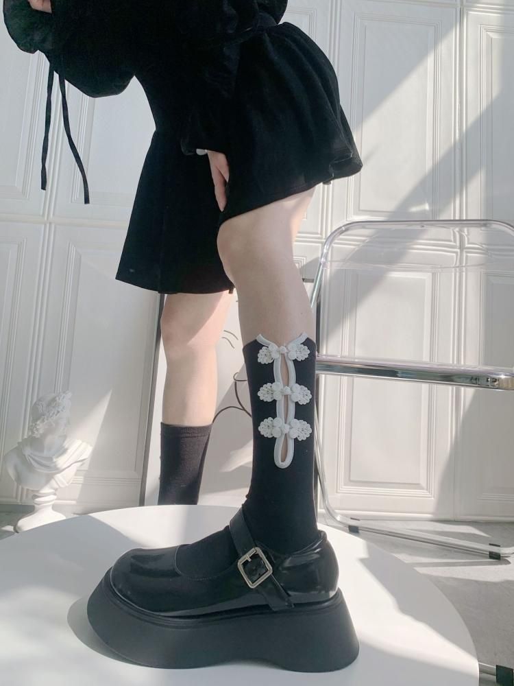 チャイナボタン 長め丈 ソックス BLACK