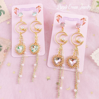 Purple Cream Moon &amp; Heart Long Chain Earrings P1103 Clear