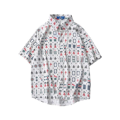 Mahjong tile all-over print light short-sleeved shirt WHITE