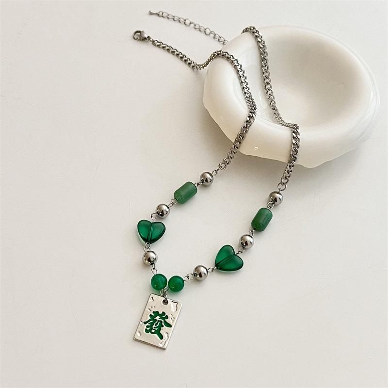 麻雀牌 発 ハートビーズ チェーンネックレス GREEN グリーン 緑