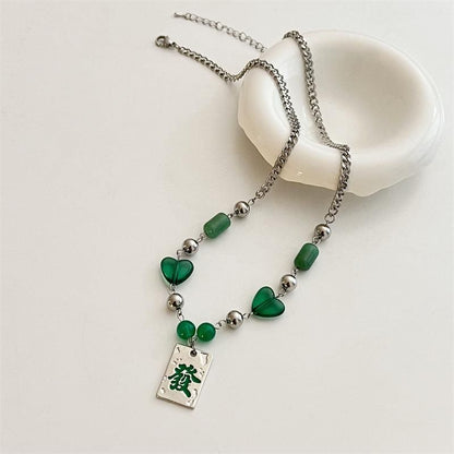 麻雀牌 発 ハートビーズ チェーンネックレス GREEN グリーン 緑