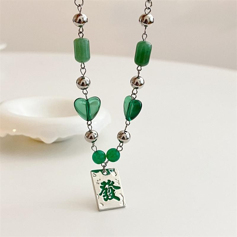 麻雀牌 発 ハートビーズ チェーンネックレス GREEN グリーン 緑