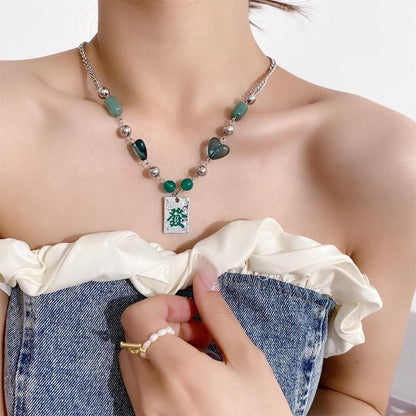 麻雀牌 発 ハートビーズ チェーンネックレス GREEN グリーン 緑