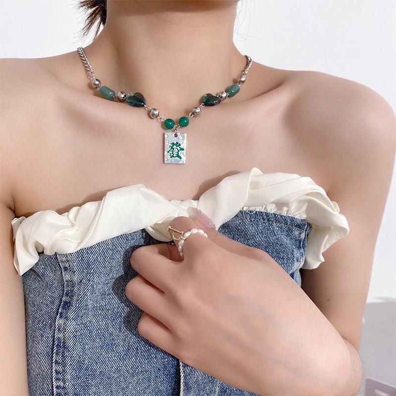麻雀牌 発 ハートビーズ チェーンネックレス GREEN グリーン 緑
