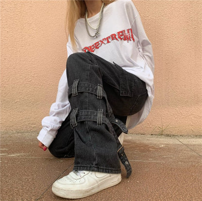 Belt design denim pants - YOU ARE MY POISON