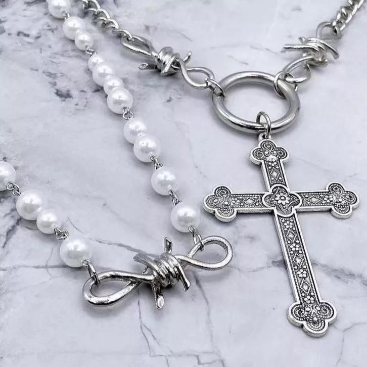 BIGクロス 有刺鉄線 パール チェーン ネックレス セット SILVER シルバー