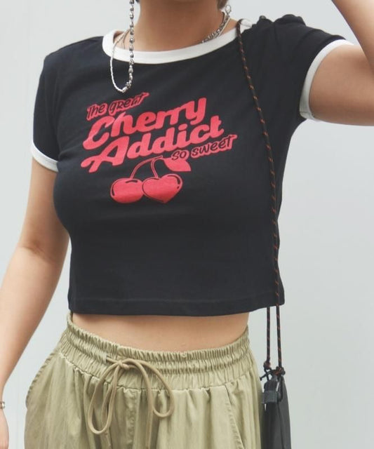 チェリー さくらんぼ リンガー チビTシャツ BLACK