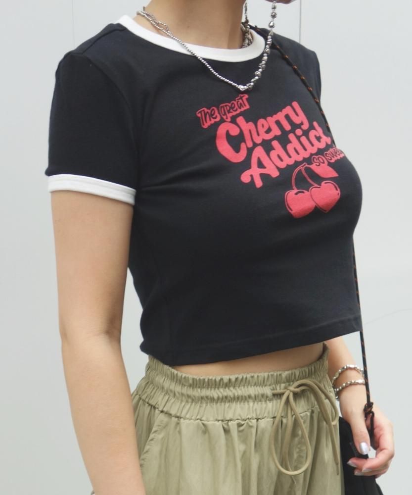 チェリー さくらんぼ リンガー チビTシャツ BLACK