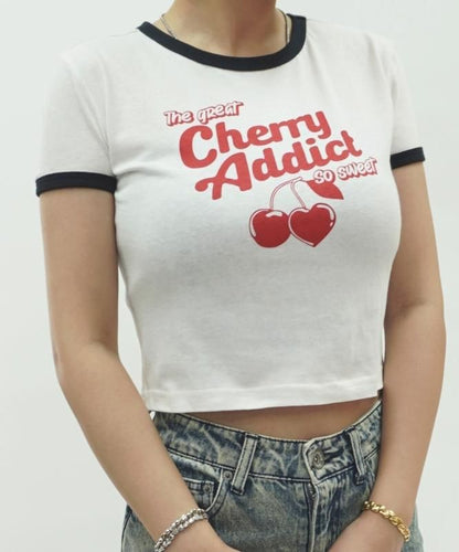 チェリー さくらんぼ リンガー チビTシャツ WHITE