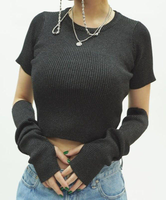 ラメリブ ショートTシャツ アームウォーマー付き BLACK*