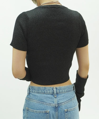ラメリブ ショートTシャツ アームウォーマー付き BLACK*