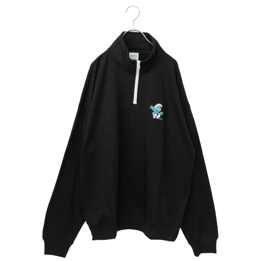 THE SMURFS Smurf Character Embroidery Half Zip Sweat Top Black - YOUAREMYPOISON